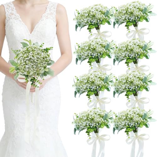 Artificial Bridesmaid Bouquets Set of 8 - Ivory White 9 Inch Flower Bouquet for Wedding Party Ceremony Anniversary Dinning Table Centerpieces Decor Faux Boho (Babys Breath & Ribbon) - color: Babys Breath