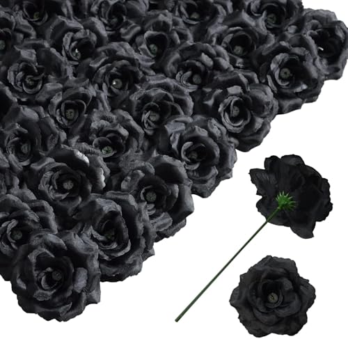 Rose Artificial Flowers, 50Pcs Black Roses Head Flowers Bulk with Stem, 3 Inches Silk Rose Fake Flower Head for Wedding Party Home Decor DIY Baby Shower Centerpieces Tables Decoration(Black) - color: Black