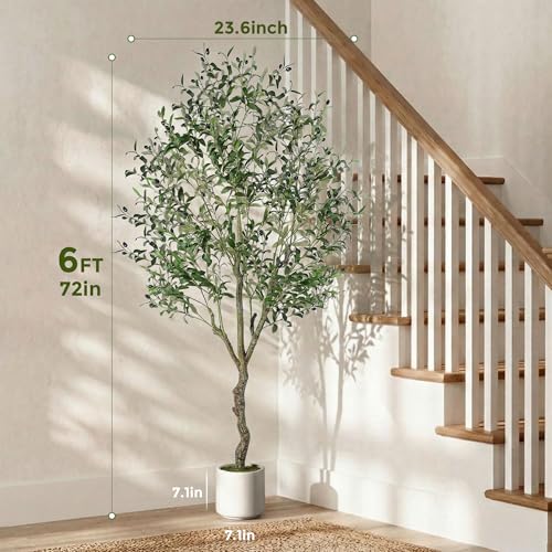 Jocoevol Olive Tree Artificial Indoor 6FT，Tall Faux Olive Tree with White Planter，Realistic Artificial Olive Tree Indoor with Natural Trunk and Lifelike Fruits for Home Office Living Room - size: 6ft