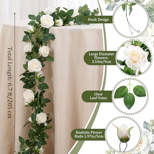 Zeyune 8 Pcs 54ft Artificial White Rose Flower Garland Realistic Silk Fake Flowers Hanging Vine for Wedding Party Arch Table Centerpieces and Wall Decor, Easy to Arrange, Full and Lush - color: White