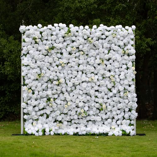 rosemorning 8x8FT White and Green Artificial Flower Wall Backdrop,5D Silk Flower Wall Panel for Wedding Party Birthday Baby Shower Photo Booth Decor Easy to Install Reusable - color: Linen-white, size: 8Ft*8Ft