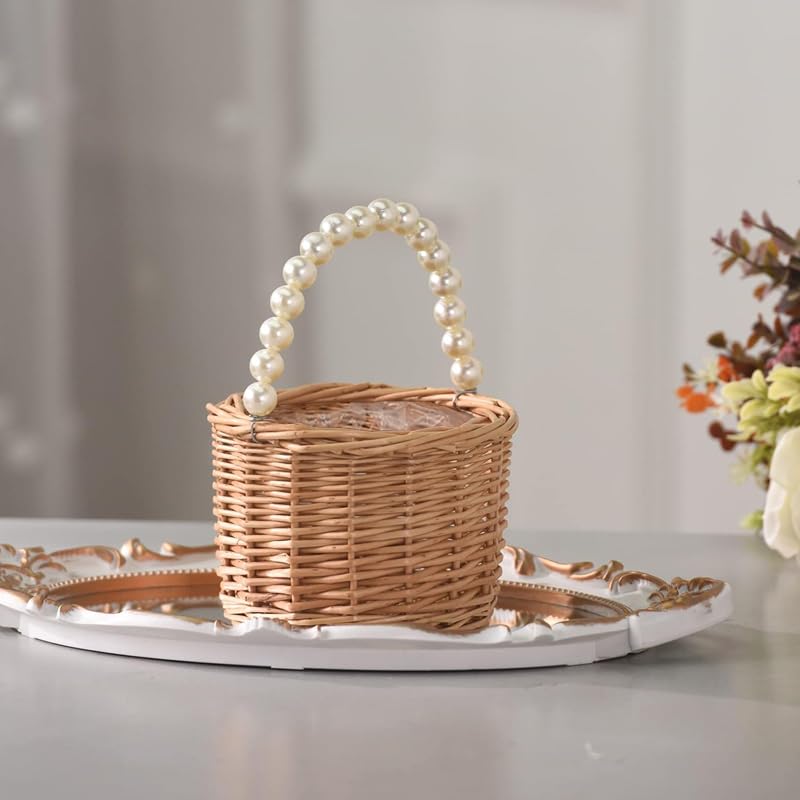 Wicker Rattan Flower Girl Basket,Pearl Handle Flower Basket,Flower Girl Basket for Wedding and Home Decorations.