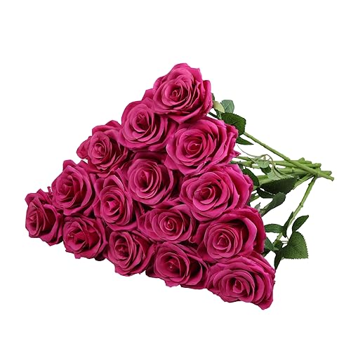 15pcs Fake Roses Artificial Silk Flowers Faux Rose Flower Long Stems Bouquet for Arrangement Wedding Centerpiece Party Home Kitchen Decor - color: Magenta