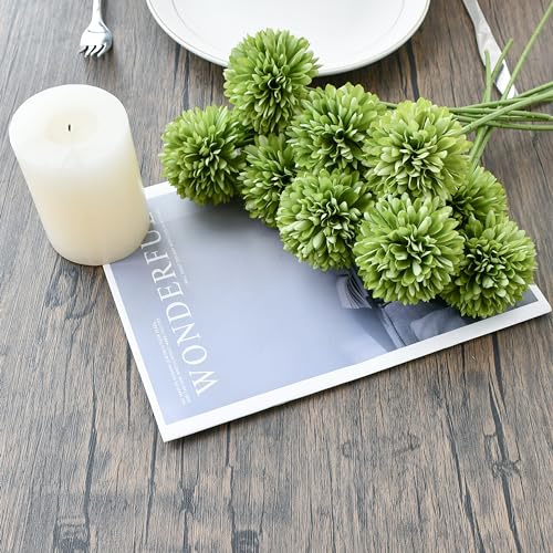 Mandy's 12pcs Artificial Green Chrysanthemum | 11.8 inch Artificial Mums Flowers for Home Table Centerpiece Summer Decor Silk Flowers for Porch Patio and Wedding - color: Green 1
