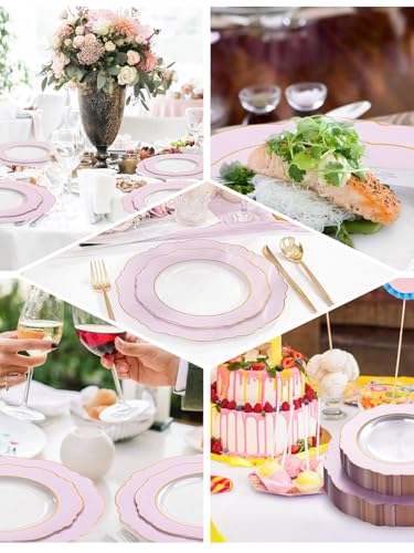 WDF 60Pcs Pink Plates Disposable with Gold Rim - Baroque Clear Pink and Gold Plastic Party Plates Ideal for Wedding/Baby Shower/Spring - color: Clear Pink with Gold Rim, size: 60PCS