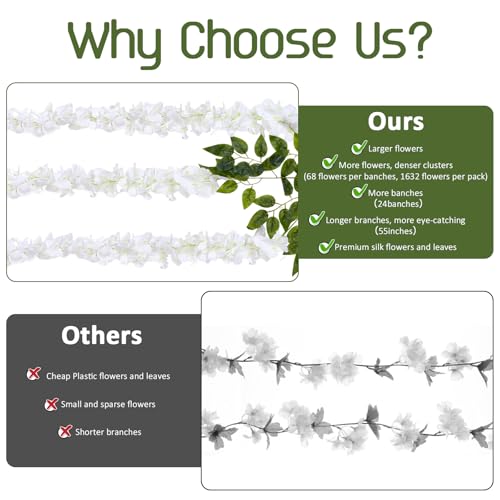 LFF 24 Branches White Wisteria Hanging Flowers, 4.58FT Fake Silk Wisteria Artificial Flowers, Faux Wisteria Garland for Wedding Arch, Party Backdrop, Home & Party Decoration (55 Inches Long) - size: Long/8Pack