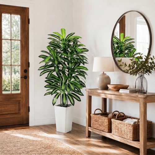 Artificial Dracaena Tree - 5FT Tall Fake Plants with White Tall Planter - Artificial Plants Indoor Floor Plant in Pot - Large Tropical Fake Yucca Potted Tree for Home Office Living Room Decor - color: White, size: 5 FT