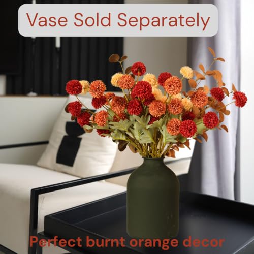 RyddeligHome Fall Flowers, Burnt Orange Faux Kiku Flowers Artificial 10 Stems + Eucalyptus, Fake Red Orange Mums Floral Centerpiece, Terracotta Mini Balls Faux Stems for Vase, Decoración de Otoño - color: Mixed Orange
