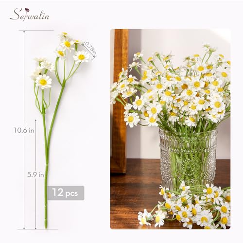 Serwalin 12pcs White Daisy Flowers Artificial, Realistic Small Fake Daisies Faux Wildflower Bouquet, Arrangements for Wedding, Vase Centerpiece Table Decorations, DIY Home Party(Not Include Vase) - color: White, size: 12PCS