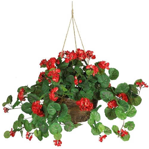 Nearly Natural 24in Artificial Geranium Hanging Basket Faux Floral Plant for Indoor Home Porch Decor, Red - color: Red