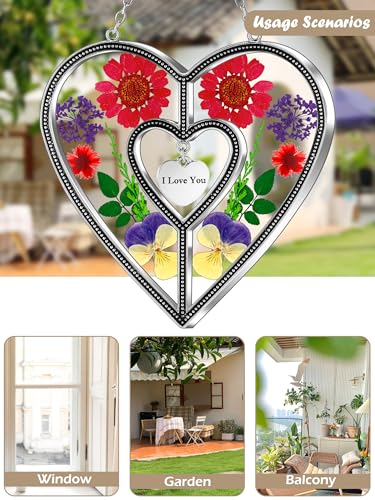 KY&BOSAM Heart Suncatcher Real Pressed Dried Flower Ornament Zinc Alloy Hanging Sun Catchers with I Love You Charm Tag Handmade Preserved Flower Window Wall Decor Sentimental for Mom - color: I Love You, size: I Love You