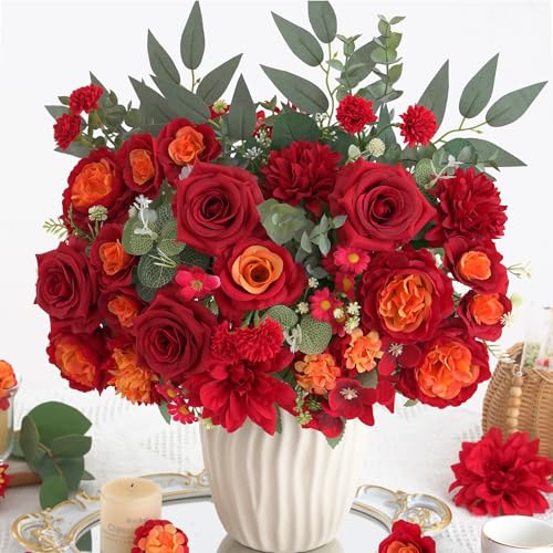 10 Pcs Mixed Artificial Flowers Set, Artificial Peony Bouquet Fake Rose Flower Silk Floral Arrangements for Table Centerpiece Vase Home Wedding Party Bridal Vase Decoration(Red, 6 Bouquets & 4 Stems) - color: Red, size: Mixed 10pcs