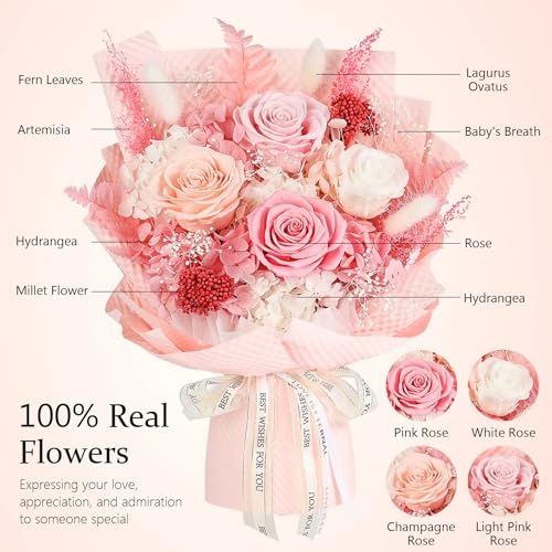 Preserved Flowers Bouquet 4 Roses - Pink Roses & Flowers for Delivery, Long-Lasting Real Roses Forever, Mothers Day Gifts for Mom Grandma Wife, Anniversary Birthday Gifts for Women - color: Pink