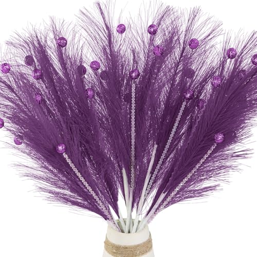 Christmas Tree Picks Decorations Set of 4 Sequins Ball Sprays 17" Artificial Furry Reed Grass Stems Fluffy Pampas Branches Feather Tails for Vase Fillers Flower Arrangements Tree Topper (Purple) - color: Purple