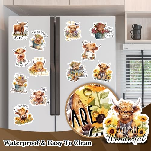 Whaline 12Pcs Highland Cow Refrigerator Magnets You are Enough You are Loved Inspirational Quotes Magnetic Stickers Motivational Magnet Decal Gifts for Graduation Women Men Friends - style: Highland Cow