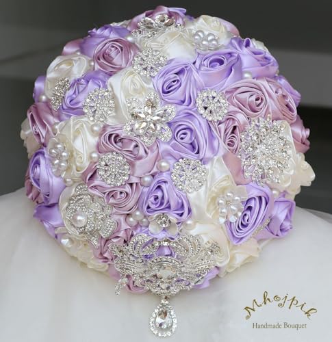 Bridal Wedding Bouquet Round Bling Brooch Bouquet Artificial Rose Flower Bunch for Bride Bridesmaid Wedding Quinceanera(Light Purple, Light Taro & Ivory, 7.5") - color: Light Purple, Light Taro Purple & Ivory, size: Small (Dia. 7.5"/19cm)