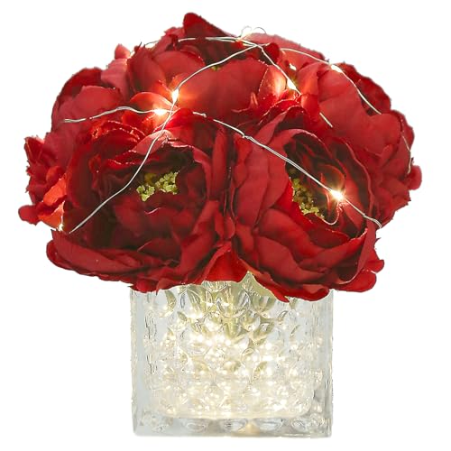 Artificial Peony Silk Flower Centerpieces with LED Light Faux Floral Arrangement in Glass Vase for Home Wedding Table Decoration (Dark Red) - color: Light-dark Red