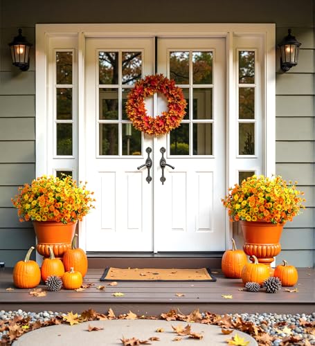 Artificial Mums Fall Fake Flowers for Outdoors, 10 Bundles Faux Mums Autumn Decorations,UV Resistant Silk Flowers for Outside Front Porch Garden Patio Home Planters Decor (Yellow & Orange) - color: Yellow & Orange