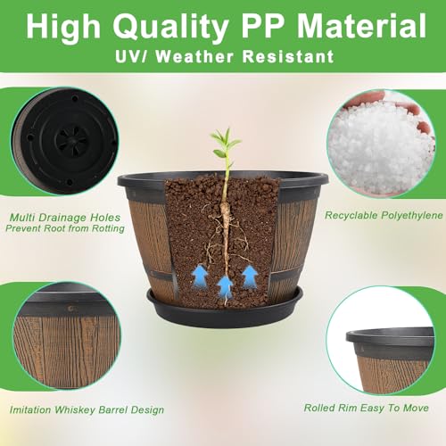 10-inch-Plant-Pots-Indoor-Outdoor, 4 Pack Whiskey Barrel Planters with Drainage Holes & Saucer, Plastic Flower Pots Imitation Wine Barrel Design, Decorative Garden Pots for Plants - color: Whiskey, size: 10-inch