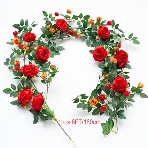 2 PCS 12FT Bendable Flower Garland, Artificial Rose Vine Hanging Floral Garland Decoration for Weding Home Room Wall Decor (Red) - color: Red, size: 2pcs