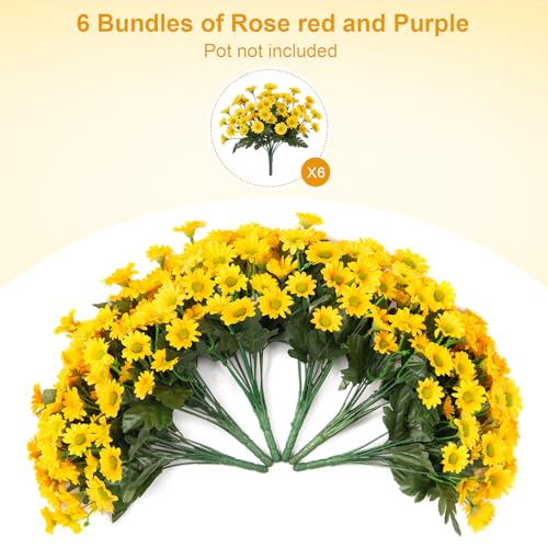 Ammyoo Fake Mums Artificial Flowers for Outdoor Decoration, 6 Bundles Faux Silk Daisy Flowers Realistic UV Resistant No Fade Fake Plants for Home Patio Porch Garden Window Box Decor(Yellow) - color: Yellow