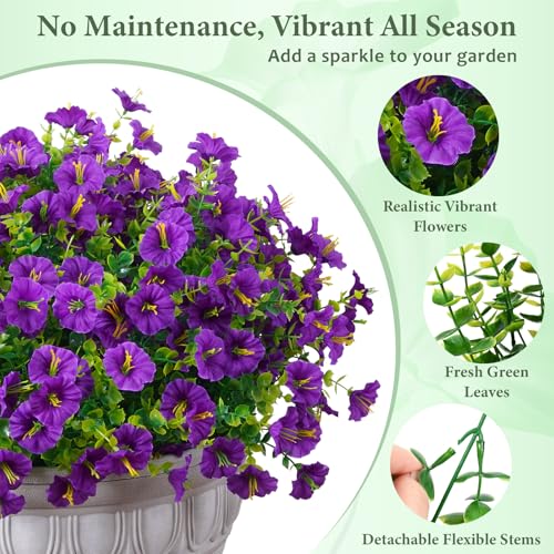 MARTINE MALL 12 Bundles Look Real Artificial Flowers for Outdoors, Realistic Fake Outdoor Flowers, UV Resistant Silk Petunia Flowers for Outside Faux Flowers Plants for Outdoor Porch, Purple - color: Purple, size: 12 Bundles