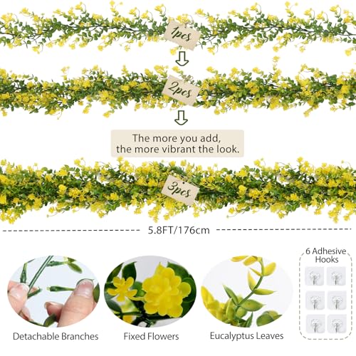 RECUTMS 3Pcs Hanging Garland Plants Artificial Eucalyptus Garland Fake Hanging Eucalyptus Leaf Garlands with Flowers Faux Vine Plants for Indoor Outdoor Spring Home Wall Arch Wedding Decor(Yellow) - color: Yellow