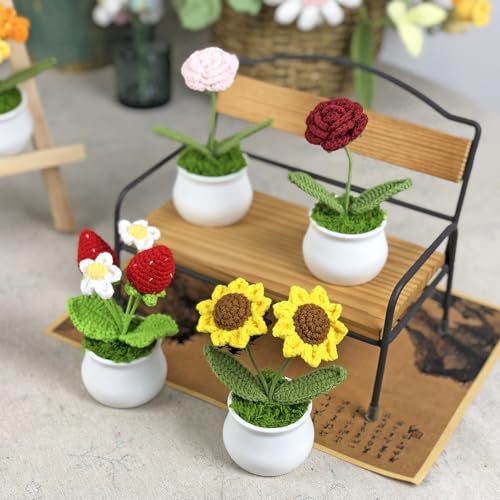 Joekaran Crochet Flowers Cute Little Potted Flower, Gift for Birthday, Teacher’s Day, Graduation, Anniversary, Christmas, Decor for Car Dashboard,Home Office Decoration (Strawberry) - color: Strawberry