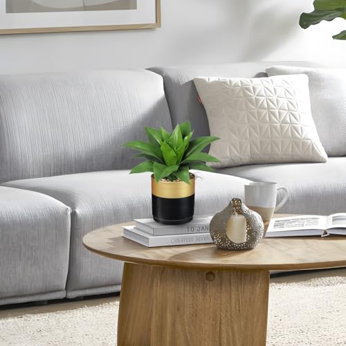 Briful Agave Artificial Wide Leaf Plant in Black and Gold Pot – 10.2” Tall Faux Greenery with Plastic Leaves & Pebble Base, Fake Plants for Indoor Table Decor, Desk, Shelf, Office or Bathroom - color: Green and Gray Agave Gold Black Vase