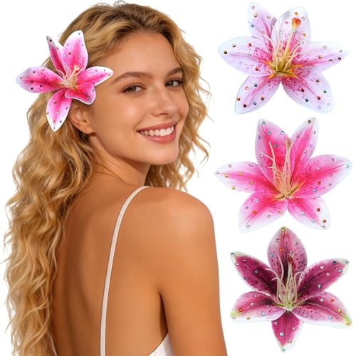 Mesovor 3 Pack Hawaiian Flower Hair Clips, Artificial Tropical Flower Orchid Hair Pin | Rhinestone Hairpins Hair Accessories for Wedding Bridal Beach Party (Pink Lily) - color: Pink Lily