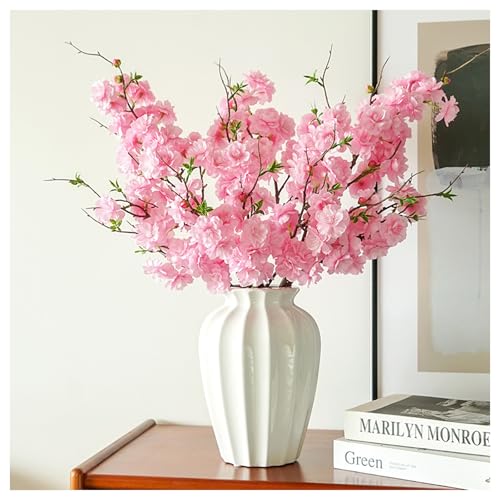 3Pcs Pink Artificial Cherry Blossom Branches - Silk Faux Peach Flowers Stems with Leaves Fake Plants Bouquet for Vase Home Wedding Outdoor Spring Garden Decoration (Pink) - color: Pink