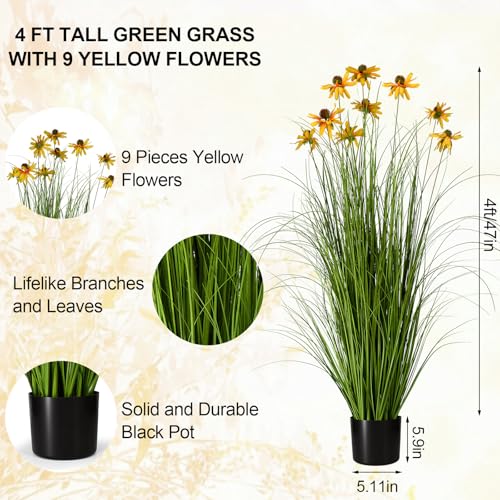 2-Pack 47in/4ft Artificial Grass with Yellow Fake Flowers, Potted Faux Floor Plant, Realistic Tall Greenery for Patio Porch Living Room Garden Decor - color: 2pac Green2