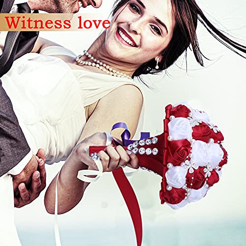 7Inch Handmade Wedding Flowers Bridal Bouquets Crystal Bride Holding Bouquet White Ivory Satin Roses with Diamond Pearl Ribbon.(WineRed) - color: Winered