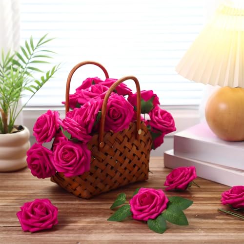 50 Pcs Artificial Foam Rose Flower Faux Bouquet Wedding Fake Rose Gift for Mother's Day Women DIY Bridal Shower Party Table Birthday Home Spring Decor (Hot Pink) - color: Hot Pink