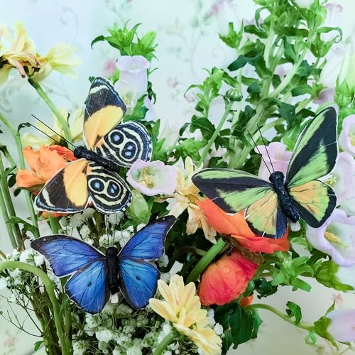Cartanfill- Artificial Feather Simulation Butterfly Party Decoration Set, a Set of 12 Pieces with Wire, Used for Home Decoration in 12 Colors(B) - color: A Wire
