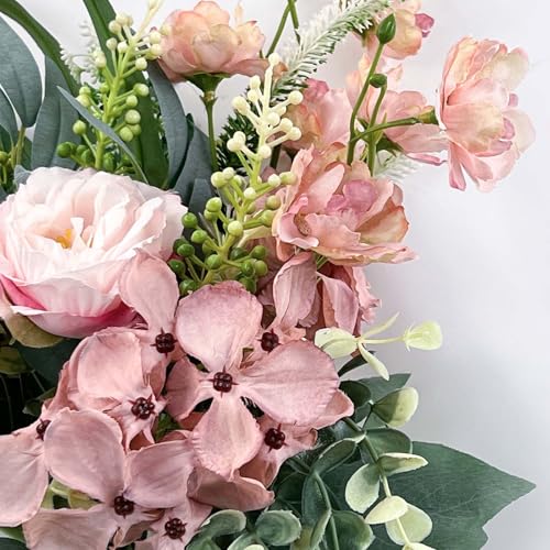 Daily Treasures Fake Artificial Flowers Bouquet for Decoration, Silk Fake Flower Arrangements Wedding Bouquets, Hydrangeas, Peonies and Allium Flowers for Home Kitchen Garden Wedding Party(Pink)
