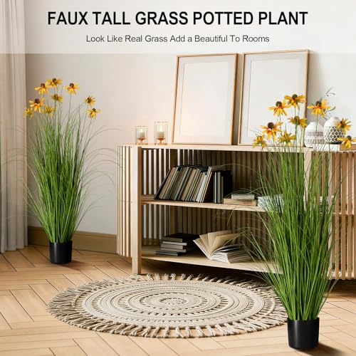 2-Pack 47in/4ft Artificial Grass with Yellow Fake Flowers, Potted Faux Floor Plant, Realistic Tall Greenery for Patio Porch Living Room Garden Decor - color: 2pac Green2