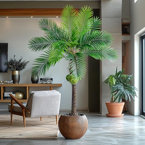 Erimda 30-Year Factory Faux Coconut Tree - 6FT Faux Palm Tree Realistic Thick Trunk & Heavy Duty Leaves, Hand-Carved Bark Texture, Indoor Tropical Decor for Living Room/Store, No Shiny Plastic Look - color: Palm Tree, size: 6FT