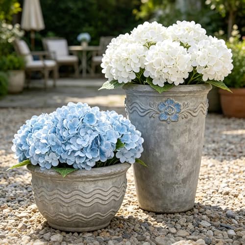 LFF 3Pcs Baby Blue Hydrangea Artificial Flowers, 8.66" Large Real-Touch Latex Blooms with 22" Long Stems, Faux Hydrangea for Outdoor Planter Indoor Home Table Centerpieces Wedding Decor Bouquets - color: Baby Blue