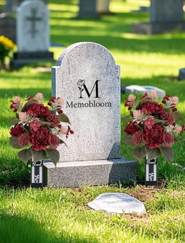 Red Cemetery Flowers for Grave: 2 Pcs Peony Grave Flower Bouquets for Cemetery Decorations - Spring Outdoor Gravesite Flowers with Vase - color: Red