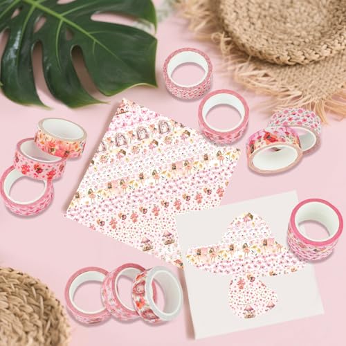 12 Rolls Fairy Washi Tape Set, Fairy Mushroom Butterfly Floral Decorative Tape, Pink Watercolor Masking Tapes for Scrapbooking Journaling Party Supplies, DIY Art Crafts, Gift Wrapping 16.4FT - color: P