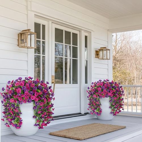 Ivydale 2 PCS Artificial Hanging Flowers Fake Plants Outdoor,Silk Morning Glory Faux Flowers with Eucalyptus Leaf,UV Resistant Realistic Hanging Petunias Plants for Home Garden Decor (Purple+Fuchsia) - color: Purple+fuchsia