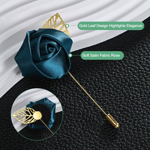 M METERXITY 1-Set Flower Lapel Pins for Men, Golden Leaf Rose Boutonnieres Pin for Wedding/Dance/Party, Mens Lapel Pins for Suits Satin Flower Corsage Hat Pins [Elegance Set] - color: Black, Cream White, Silver Grey, Indigo Blue