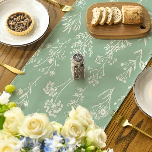 Artoid Mode Sage Green Leaves Flowers Spring Table Runner, Seasonal Kitchen Dining Table Decoration for Home Party Decor 13x72 Inch - color: Sage Green, size: 13" x 72", Table Runner