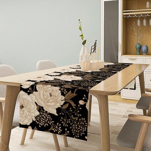 Boho Floral Botanical Table Runner Retro Bohemian Abstract Flower Leaves Black Gothic Table Runner Decoration for Farmhouse Country Home Kitchen Holiday Parties 36X13inch - color: Bohoflower-1, size: L36"x W13"