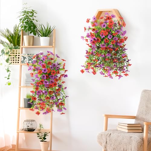 INQCMY 2Pcs Artificial Fake Hanging Flowers for Outdoors UV Resistant Artificial Plants for Spring Summer Decor Look Real Faux Flowers for Outside Home Planter Porch Patio Decor - color: Red Purple