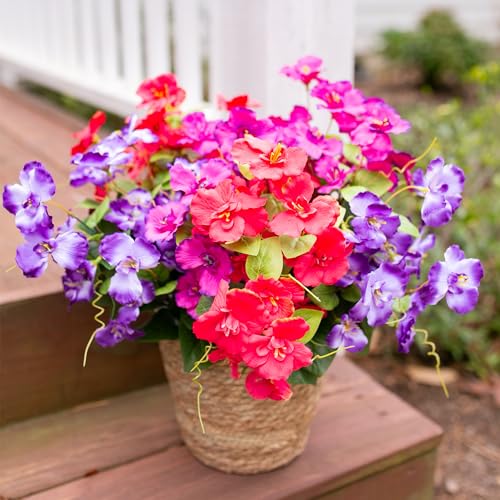 Hoppwodd Hibiscus Artificial Flowers for Outdoors Spring Decoration, 6 Bundles Faux Silk Flowers UV Resistant Look Real Artificial Tropical Flower Fake Plants for Outside Planter Porch Patio, Mix - color: Red+purple+light Purple