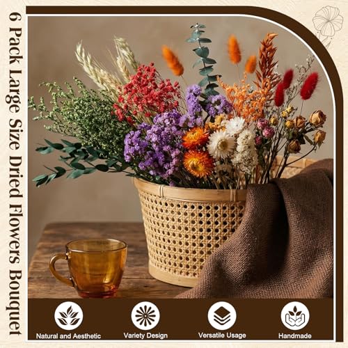 6 Bunches Large Size Dried Flower Bouquet 15 -17 Inch Natural Various Dried Flower Combinations with Wildflowers Dry Rose Lavender Forget Me Not Babys Breath for Vase Boho Wedding Farmhour Home Decor