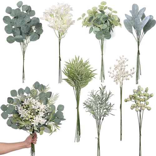 FOTEEWL 75 Pcs Artificial Greenery Stems Box Set,with 8 Kinds of Faux Plants and Fake Flowers for DIY Bridal Bouquets Wedding Floral Arrangement Table Centerpieces Decoration (Sage Green) - color: Sage Green