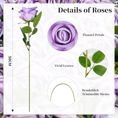10 PCS Artificial Roses with Long Stems Silk Flowers Realistic Foam Flowers Fake Roses for Valentine's Day Home Wedding Halloween Decor(Light Purple) - color: Light Purple